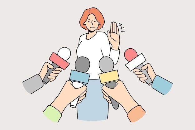 女人对记者做出不予置评的手势描边插画