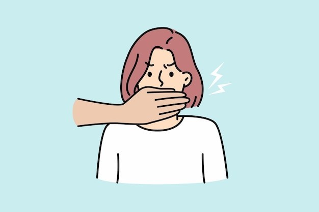 双手捂住女人的嘴描边插画