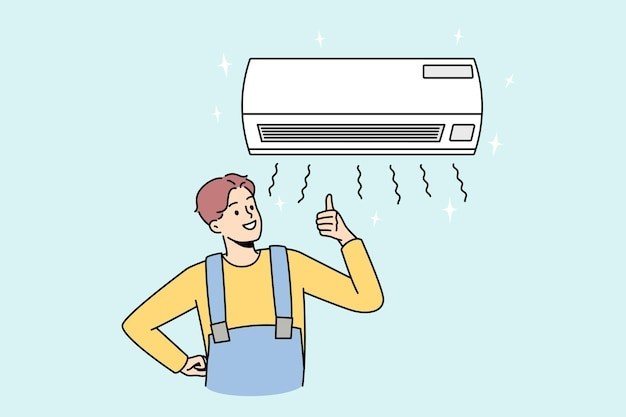 安装空调的工人描边插画