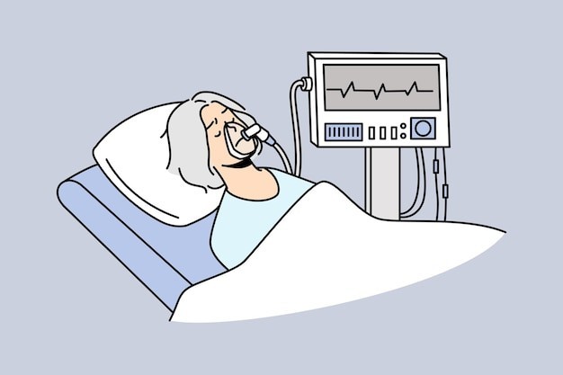 带呼吸机的病床上的老人描边插画