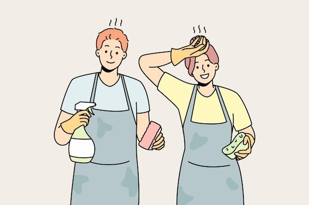 做清洁的男人女人描边插画