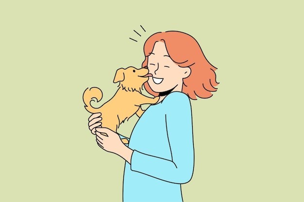 宠物小狗和女人描边插画