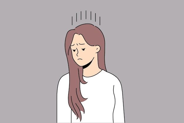 不开心难过的女人描边插画