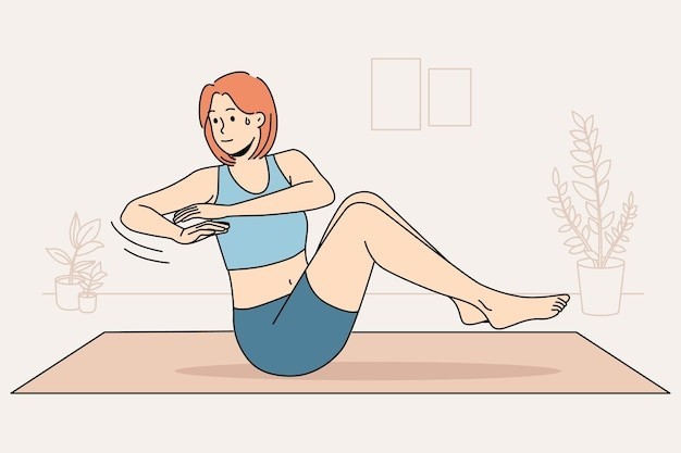 垫子上健身的女人描边插画