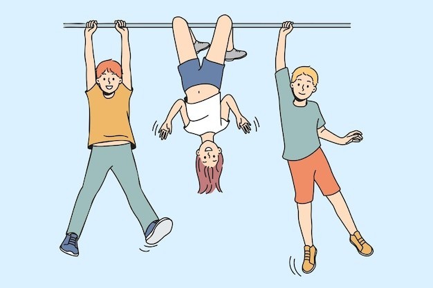 玩单杠的男孩女孩描边插画