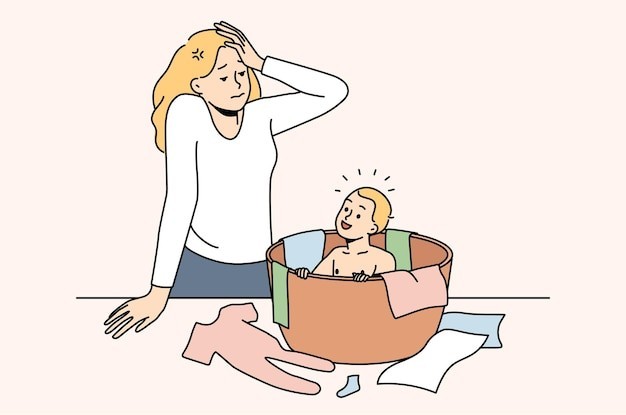 抚养孩子精疲力尽描边插画