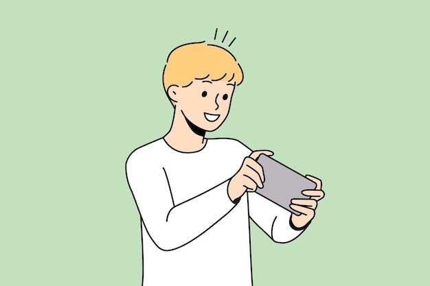 玩手机游戏的男孩描边插画