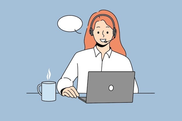 电脑前工作的客服女人描边插画