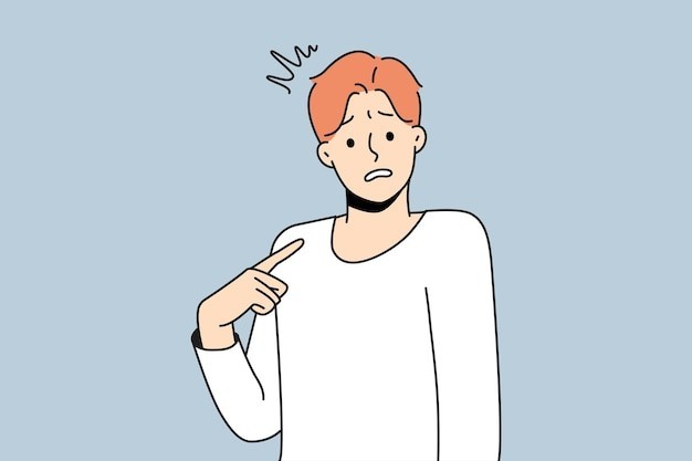 男人指着自己感到困惑描边插画