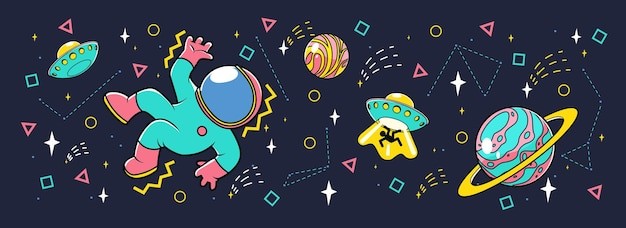 现代涂鸦风格星球宇航员艺术插画