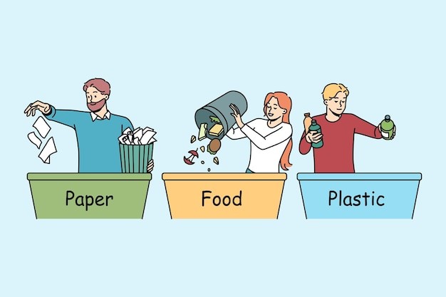 垃圾分类的人描边插画