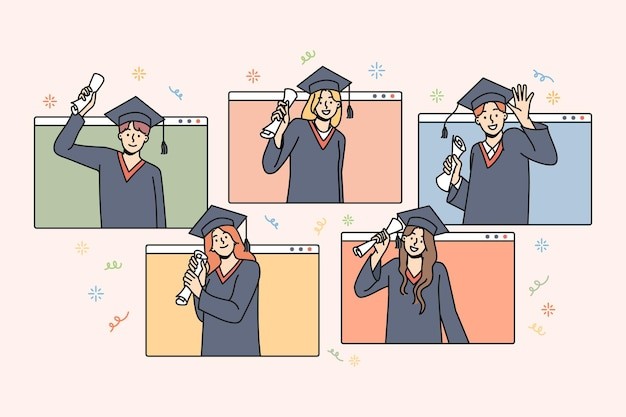 快乐的学生在线毕业描边插画