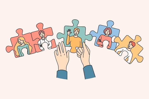 与员工一起拼图描边插画