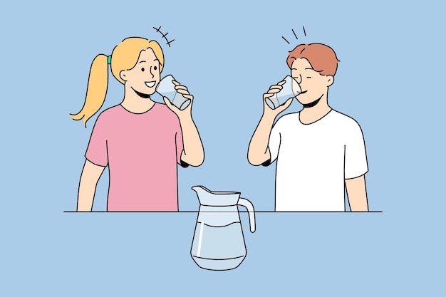 快乐的孩子喝水描边插画