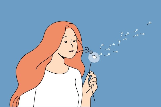 吹蒲公英花的女人描边插画