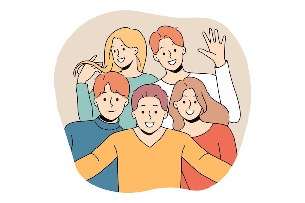 快乐的朋友一起摆姿势自拍描边插画