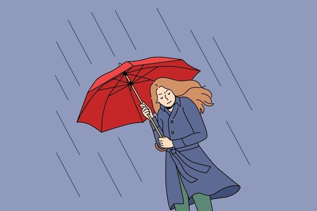 不高兴的女人在雨中带着雨伞出门描边插画