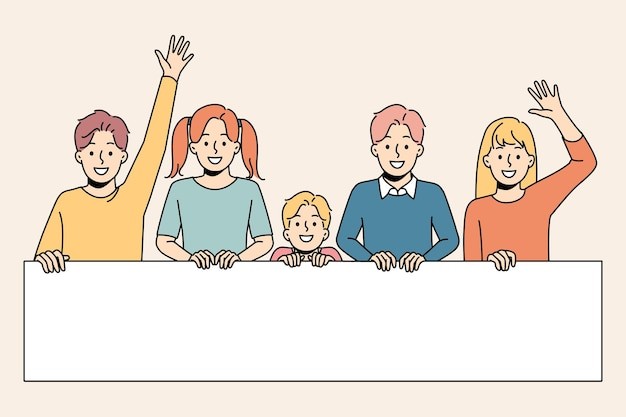 拉着横幅的开心的孩子描边插画