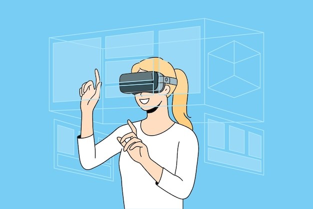 戴vr眼镜的快乐女人玩得开心描边插画