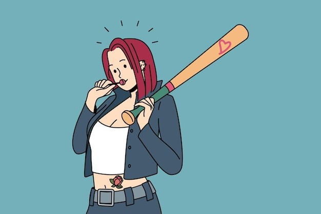 纹身扛着棒球棍的太妹坏女人描边插画