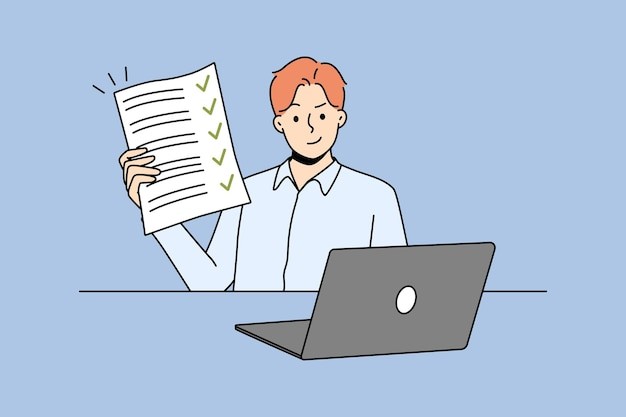 拿着完成的任务清单的男人描边插画