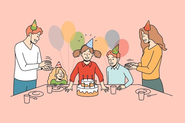 和孩子们一起过生日的父母描边插画