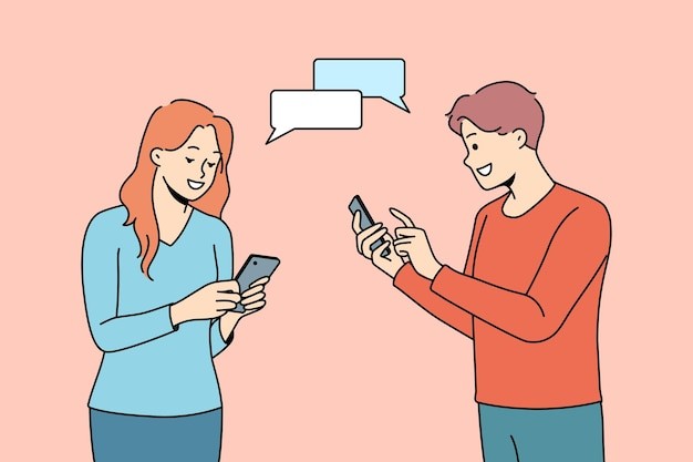 情侣通过手机交流描边插画