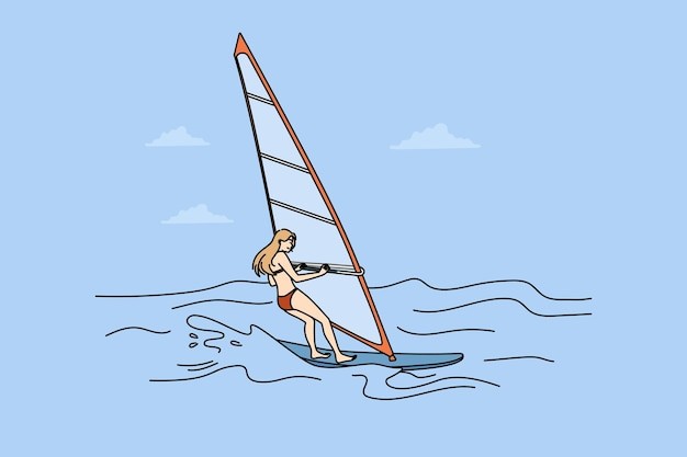 海上冲浪的女人描边插画