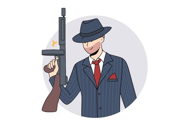 手里拿着枪的男歹徒描边插画