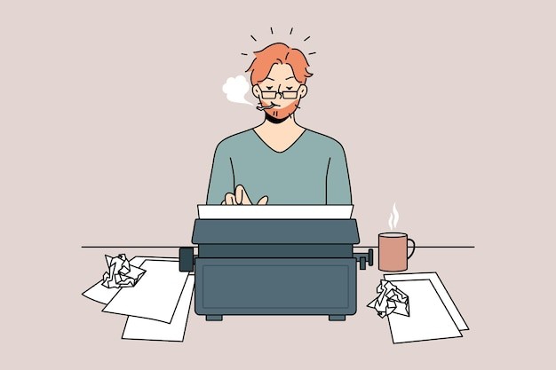 作家在打字机前打字描边插画