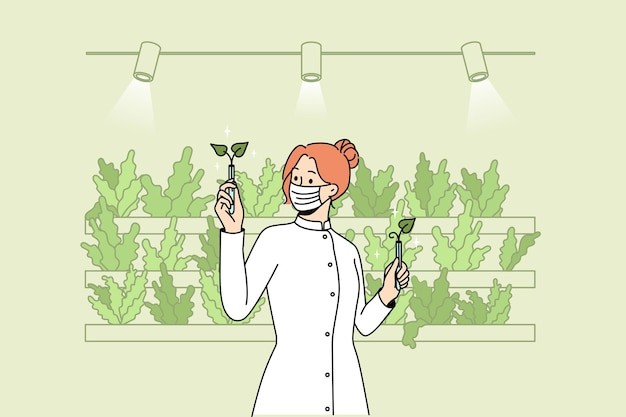 科学家在温室中研究植物描边插画