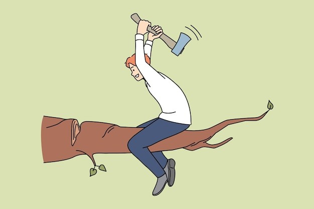 砍断树枝的男人作茧自缚描边插画