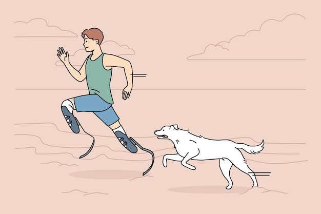 戴假肢假腿的残疾人男人和狗赛跑描边插画