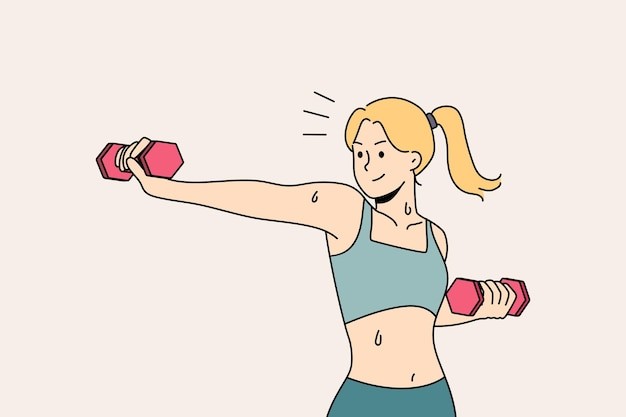 使用哑铃健身的女人描边插画