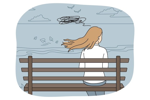 坐在长凳上思考的女人描边插画