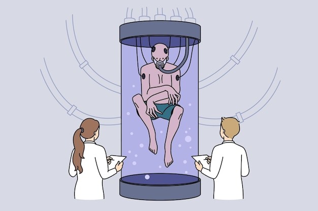 研究外星人的科学家描边插画