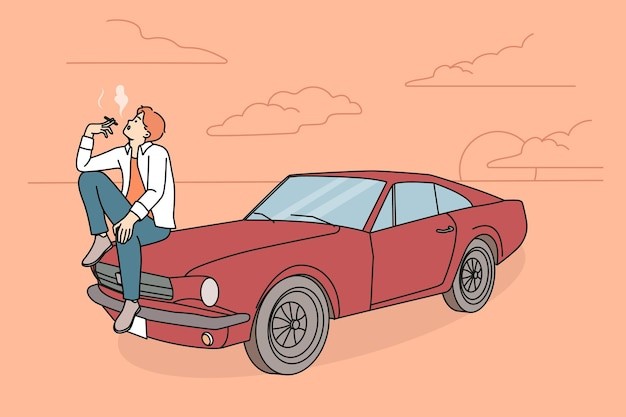 坐在车头抽烟的男人描边插画