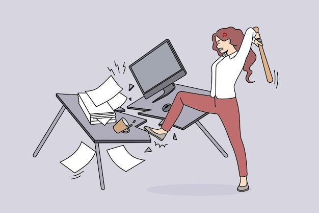 愤怒的女人砸毁办公桌描边插画