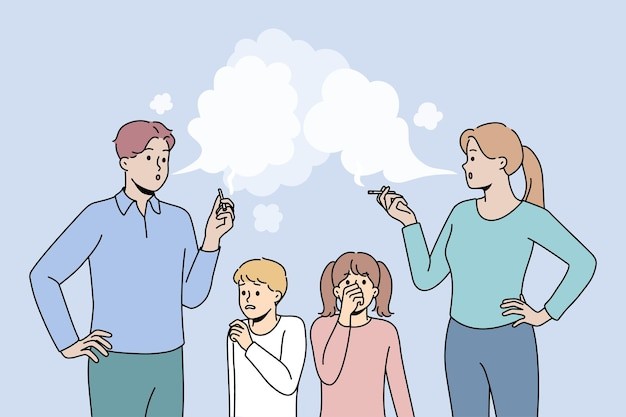 抽烟的父母男人女人儿童二手烟描边插画