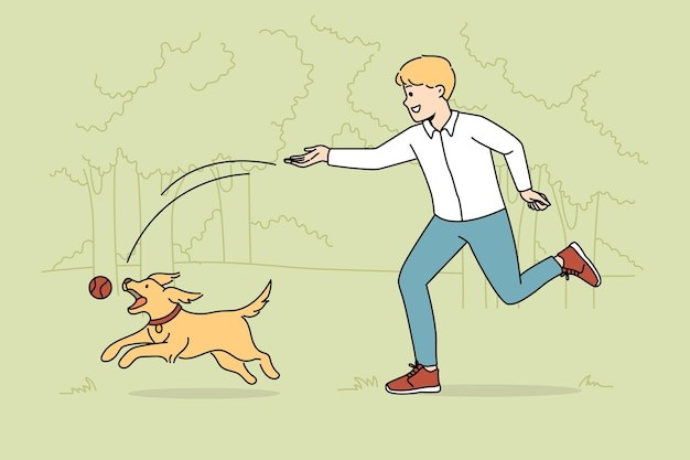 在公园遛狗的男人描边插画