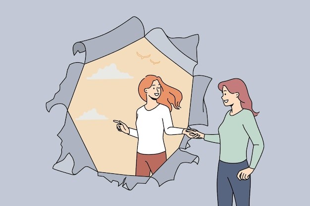 闺蜜帮助朋友开启新的生活描边插画