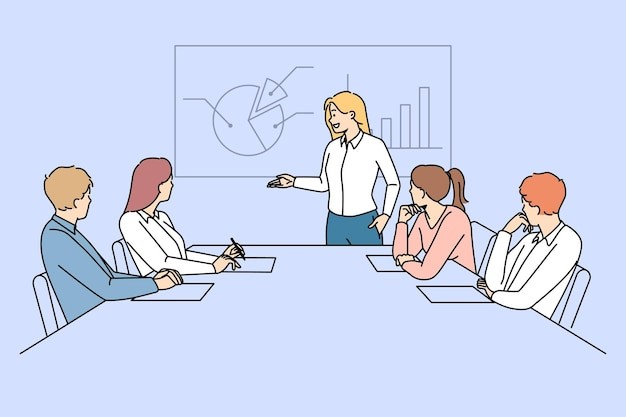 办公室会议场景描边插画