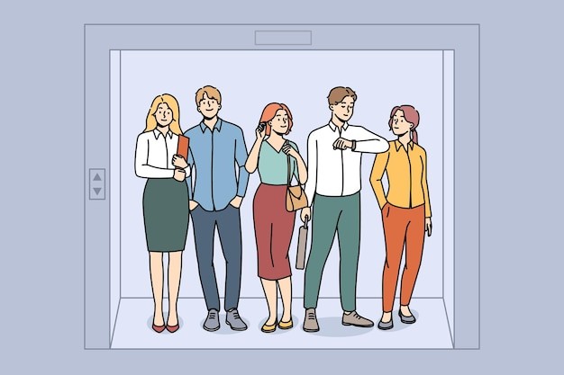 电梯间里的人们描边插画