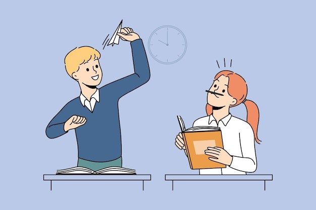 快乐的男孩女孩扔纸飞机描边插画