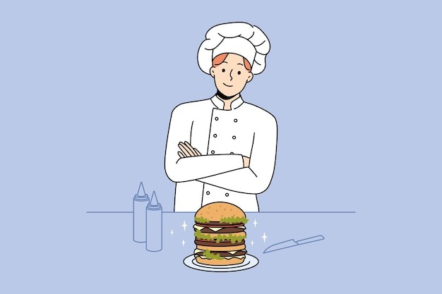 厨师汉堡描边插画