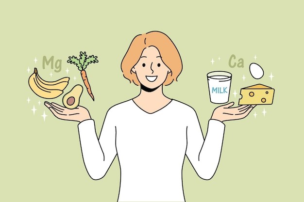 补充镁和钙元素的食物女人描边插画