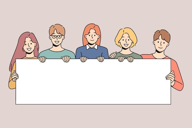 拿着空白横幅板子的孩子学生们描边插画