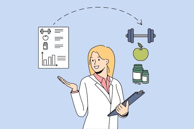 女营养师推荐的食物和运动描边插画