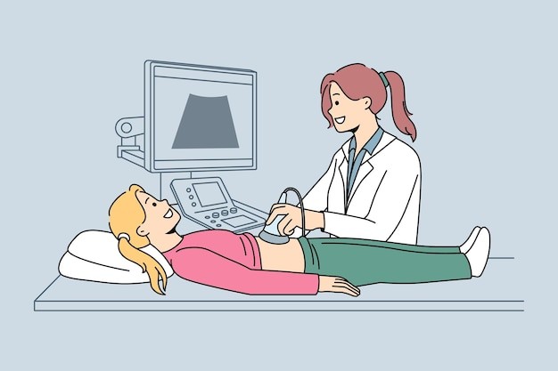 医生为女孩进行超声波B超检查描边插画
