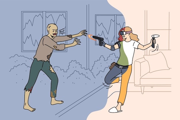 戴vr眼镜玩游戏的女孩打僵尸描边插画
